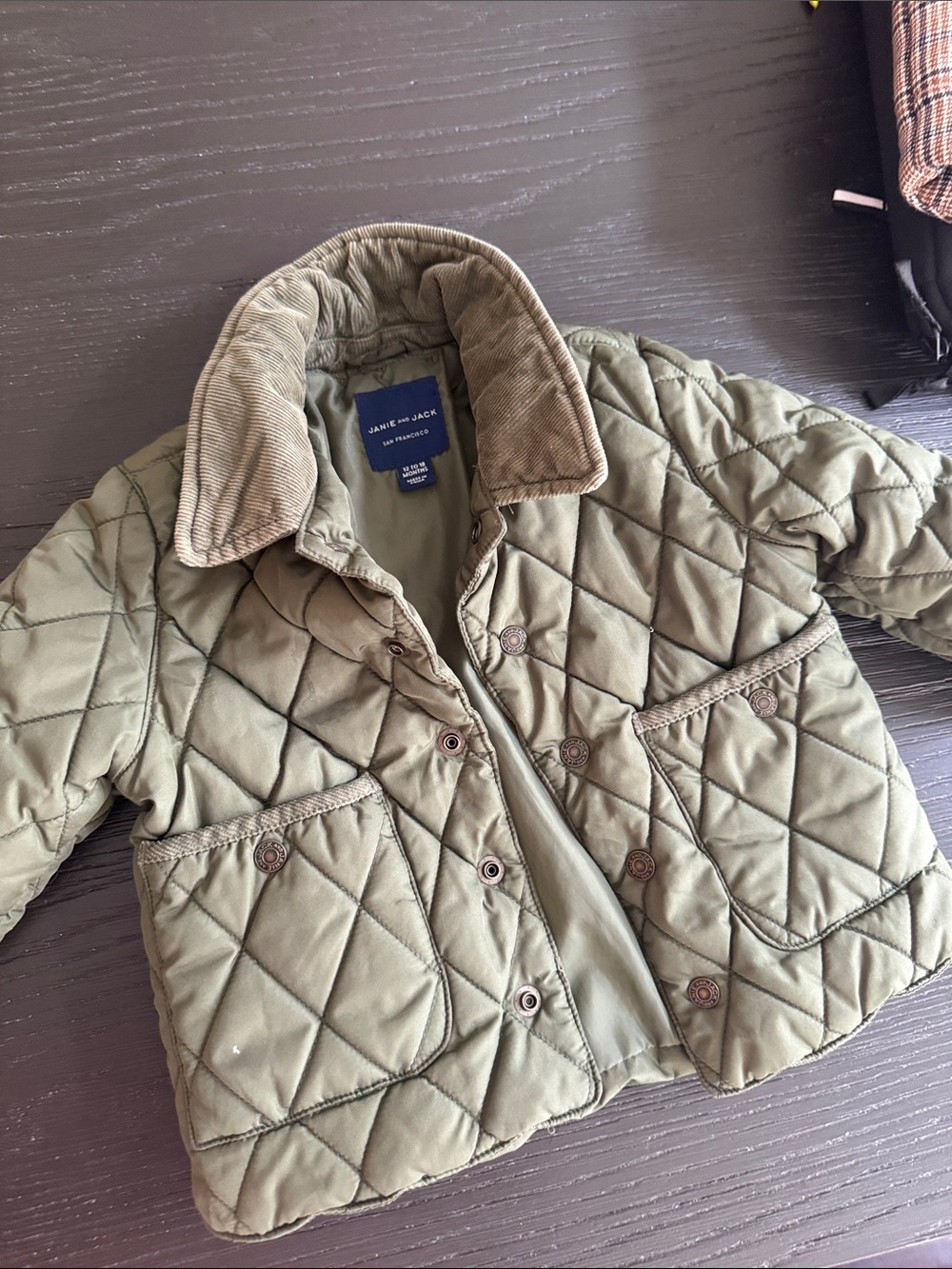 Janie and Jack Quilted Olive Green Puffer Jacket with Corduroy Collar